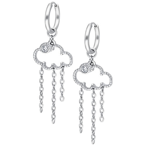 Orecchini argentati a forma di nuvola con pendenti in acciaio inossidabile su sfondo bianco