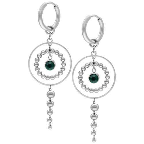 Orecchini a cerchio in argento con cristallo verde smeraldo su sfondo bianco