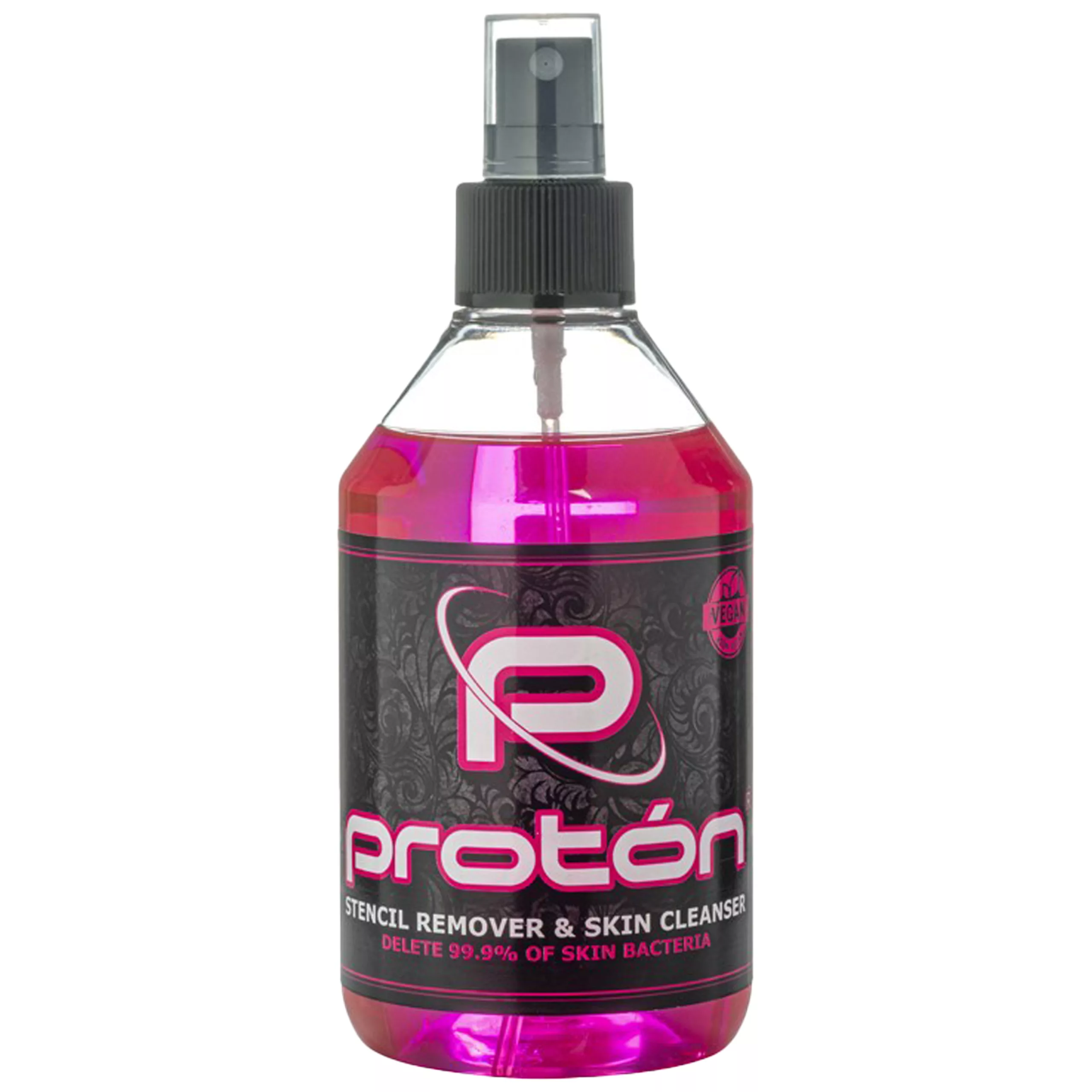Rosa Proton Stencil Remover Flasche mit schwarzem Etikett auf weißem Hintergrund