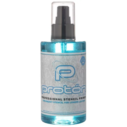 Bottiglia trasparente da 200ml di Proton Stencil Primer con etichetta blu su sfondo bianco
