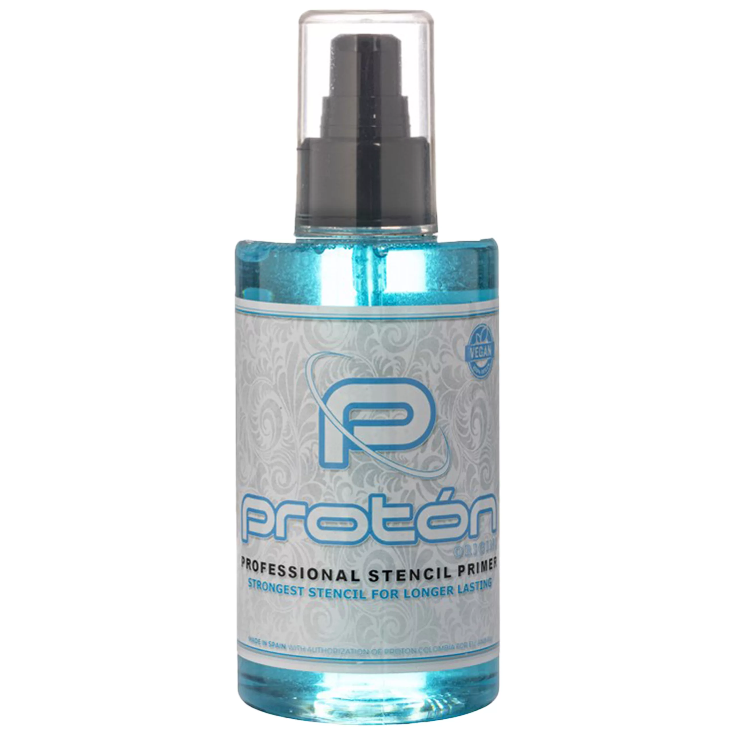 Bottiglia trasparente da 200ml di Proton Stencil Primer con etichetta blu su sfondo bianco
