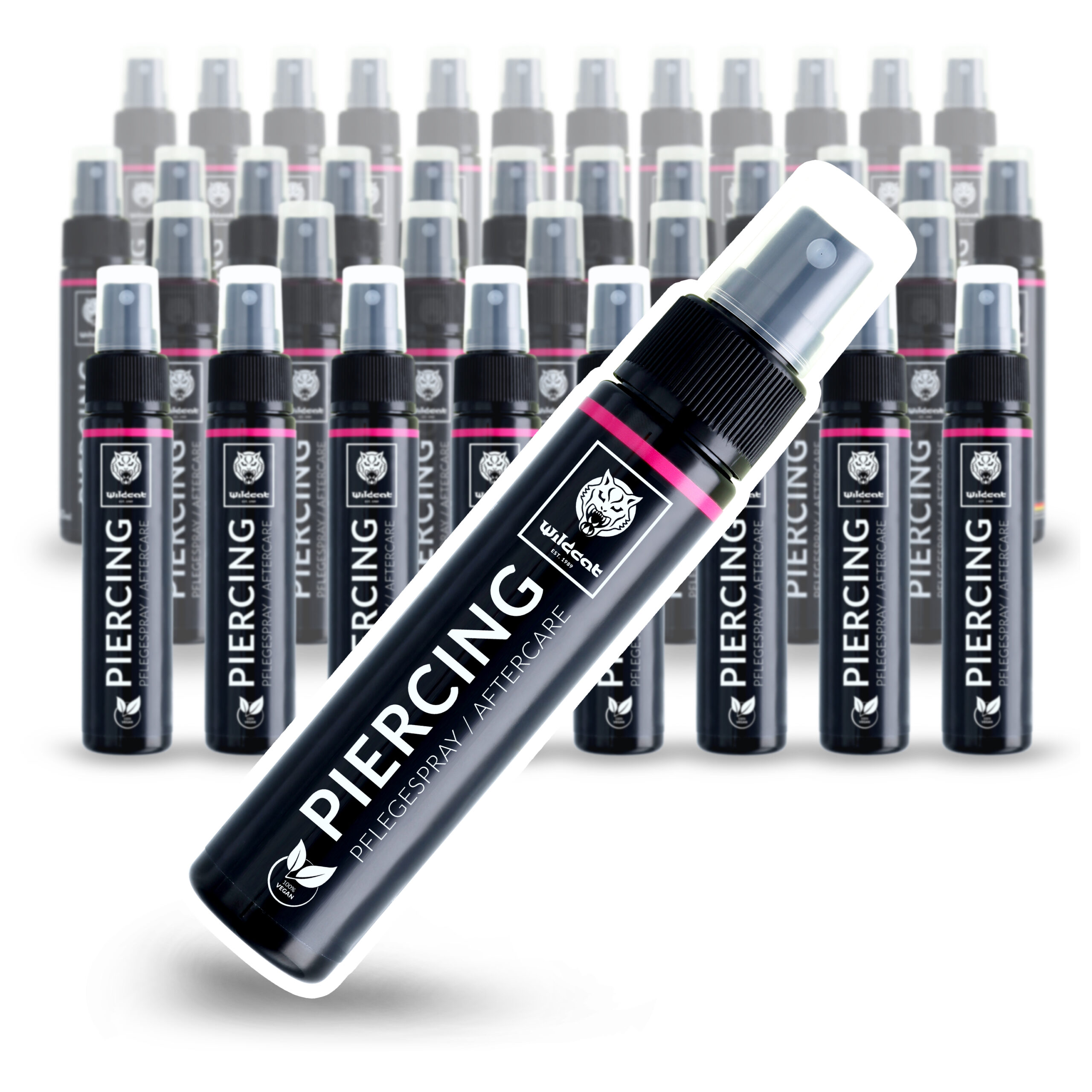Scatola Spray per Piercing 40 x 60ml di Wildcat Diverse bottiglie spray nere con logo Wildcat e scritta Cura Piercing su sfondo bianco