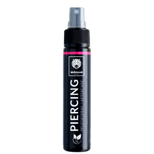 Flacone nero di spray per piercing con erogatore grigio su sfondo bianco