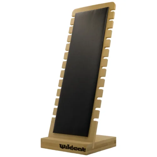 Espositore nero per bracciali e collane in ecopelle su supporto in legno