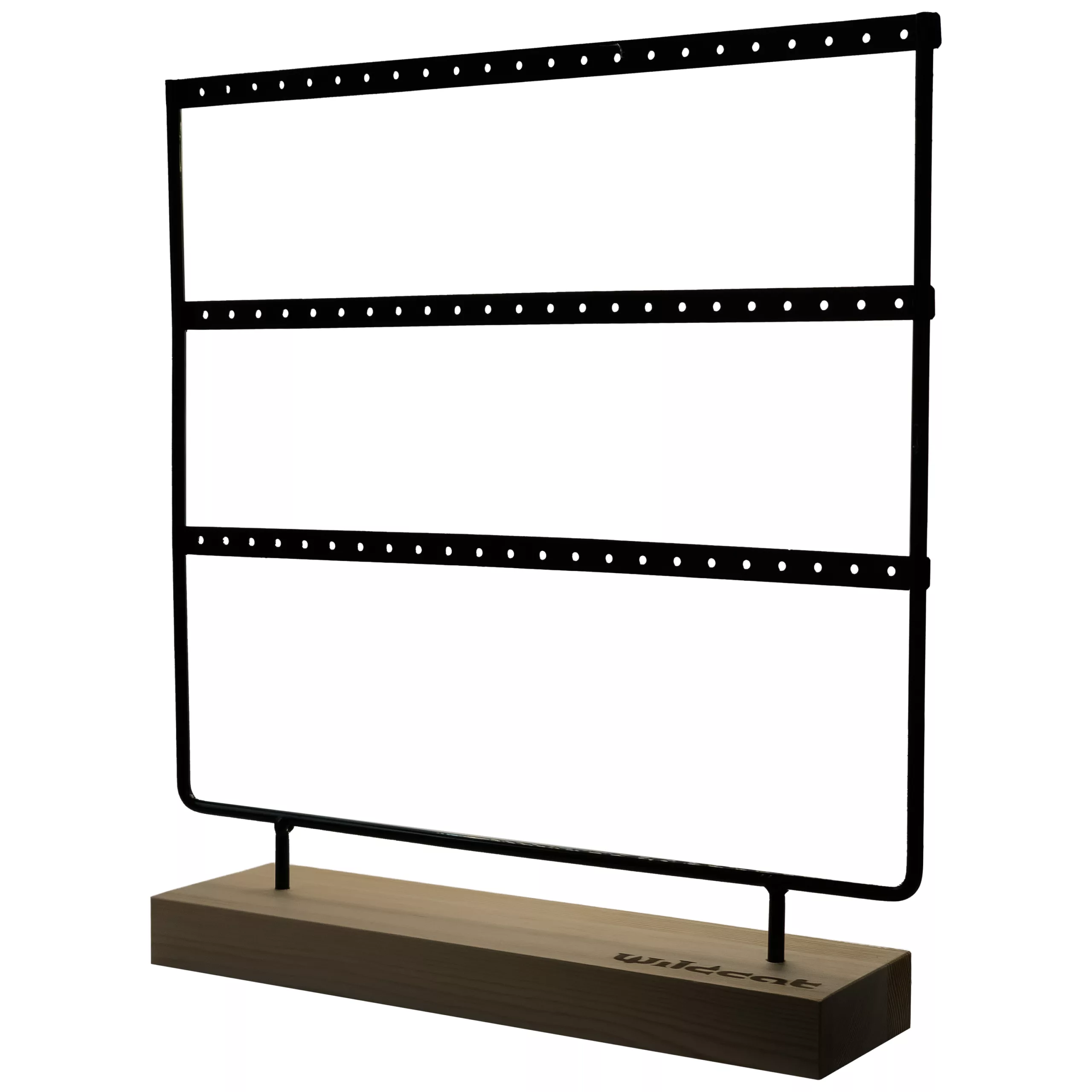 Display nero per anelli su base in legno Display nero con tre file per la presentazione di anelli su base rettangolare in legno