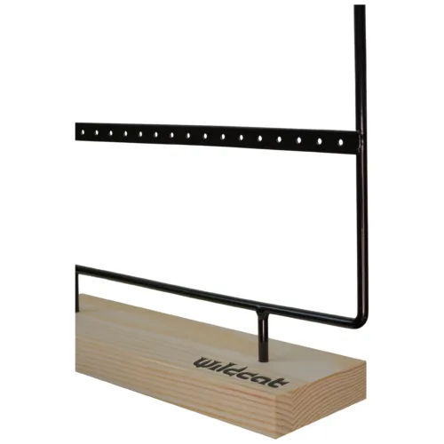 Display in metallo nero per orecchini su base in legno, vista laterale