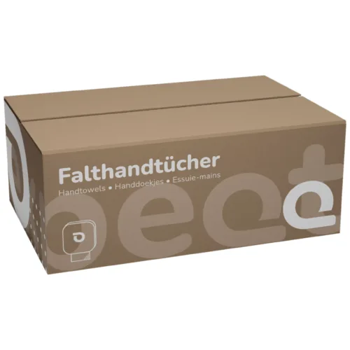 Scatola marrone con la scritta 'Tovaglioli pieghevoli', confezione neutra