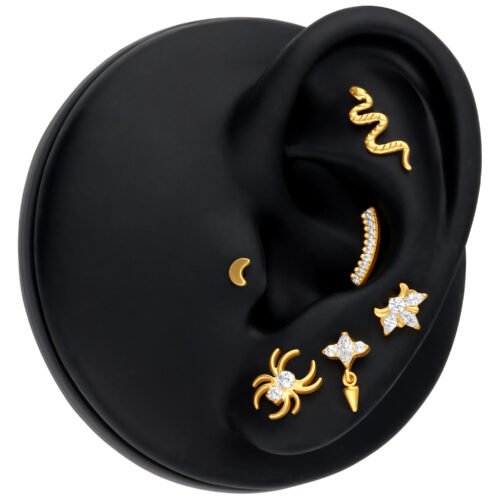 Inserto a forma di serpente dorato in titanio su un modello di orecchio nero