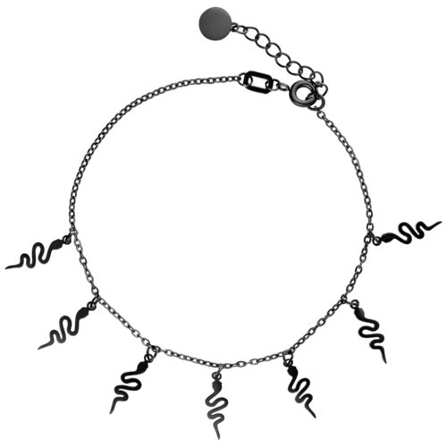 Bracciale nero con ciondoli a forma di serpente su sfondo bianco