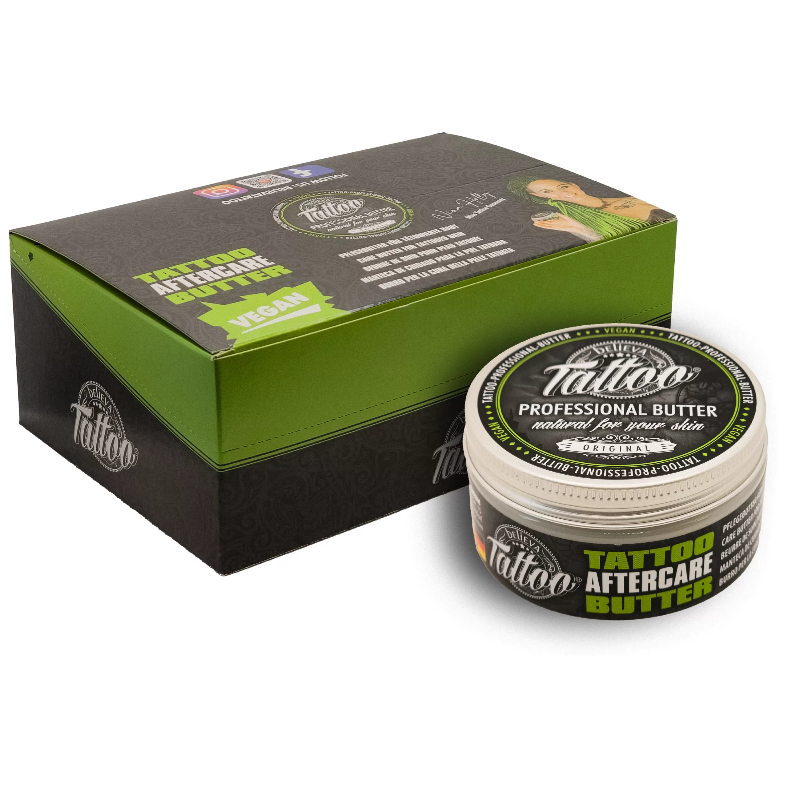 Barattolo e confezione di Believa Tattoo Butter su sfondo bianco