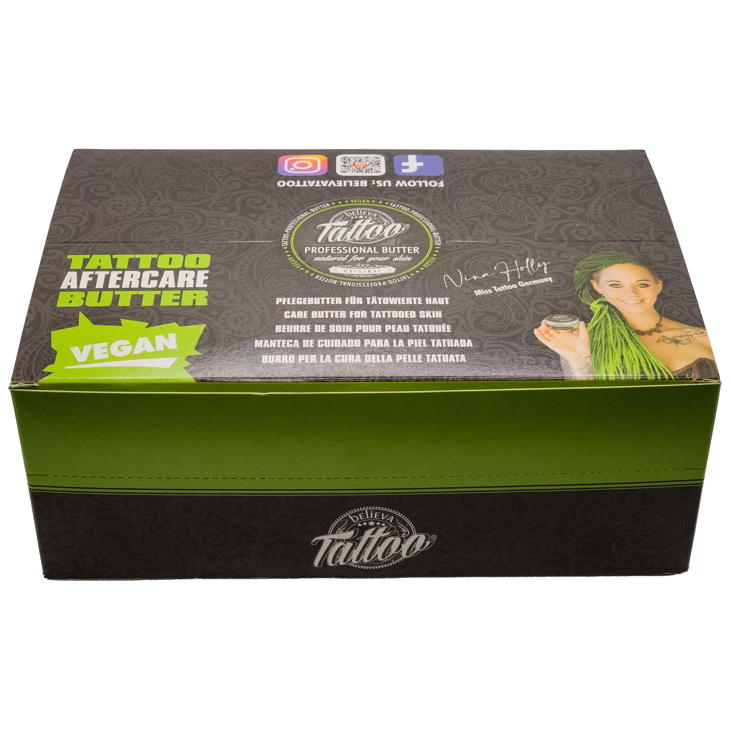 Confezione verde della Believa Tattoo Butter con sigillo vegano su sfondo bianco