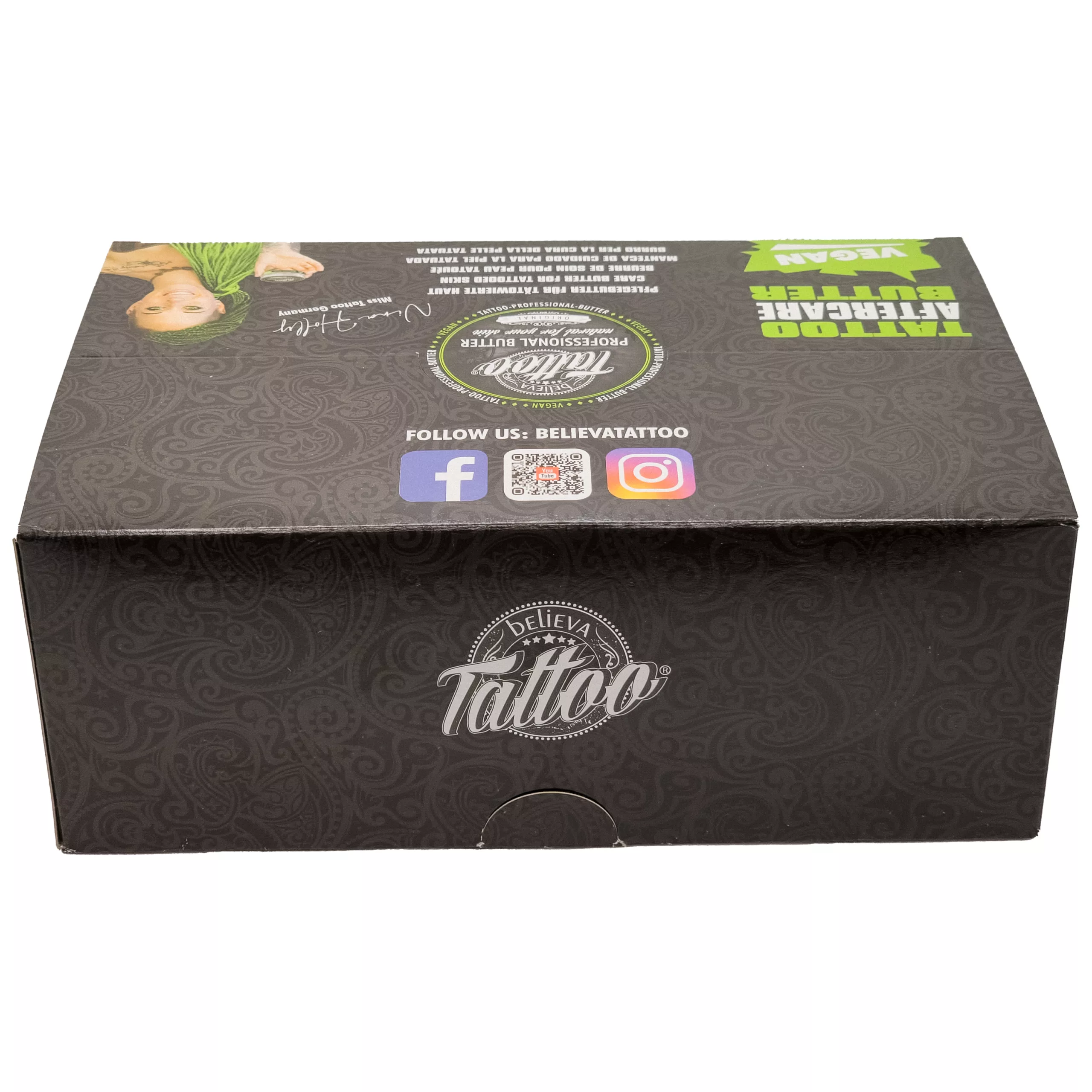 Scatola nera della Believa Tattoo Butter con logo e icone social media