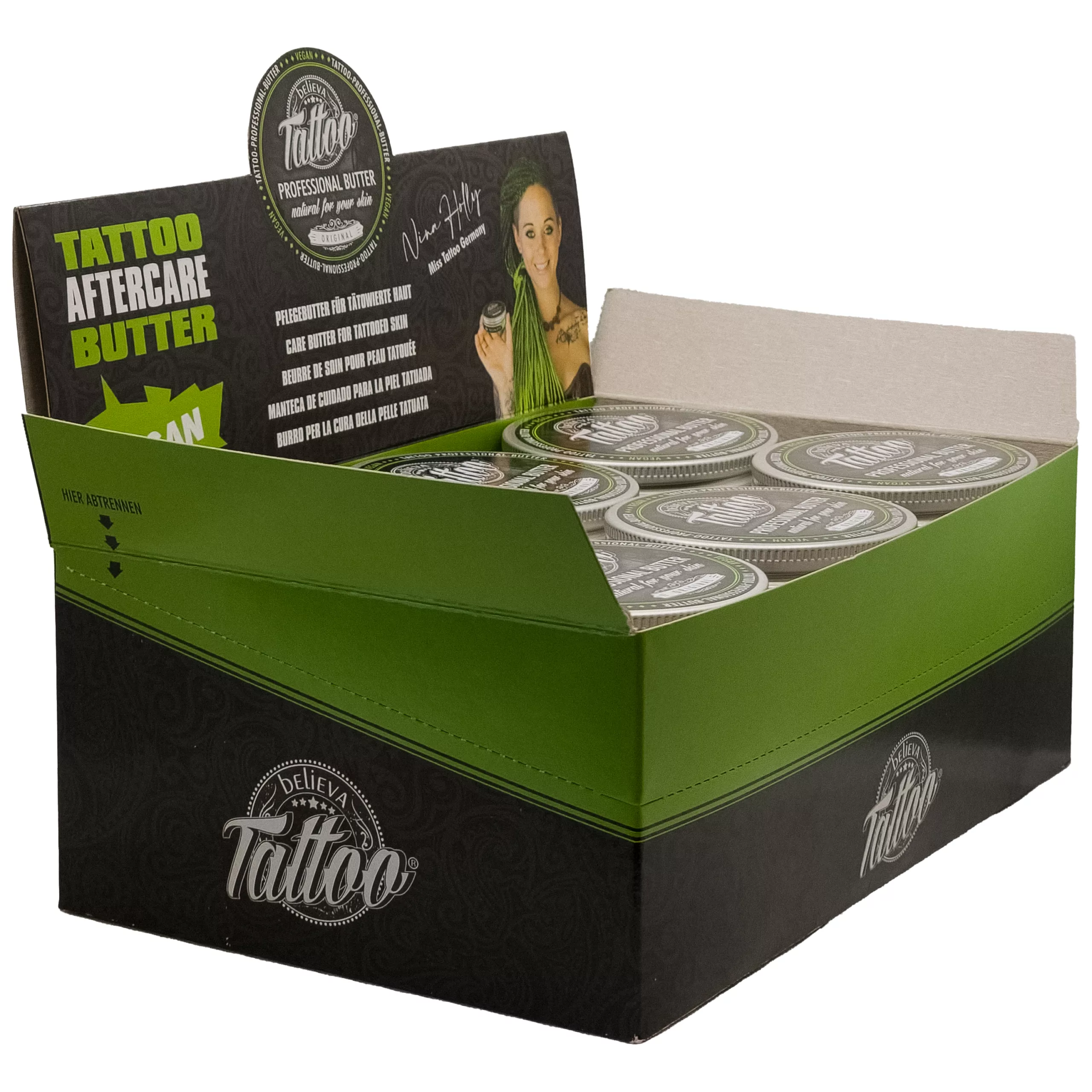 Scatola espositiva verde e nera con vasetti di Believa Tattoo Butter, 35 ml