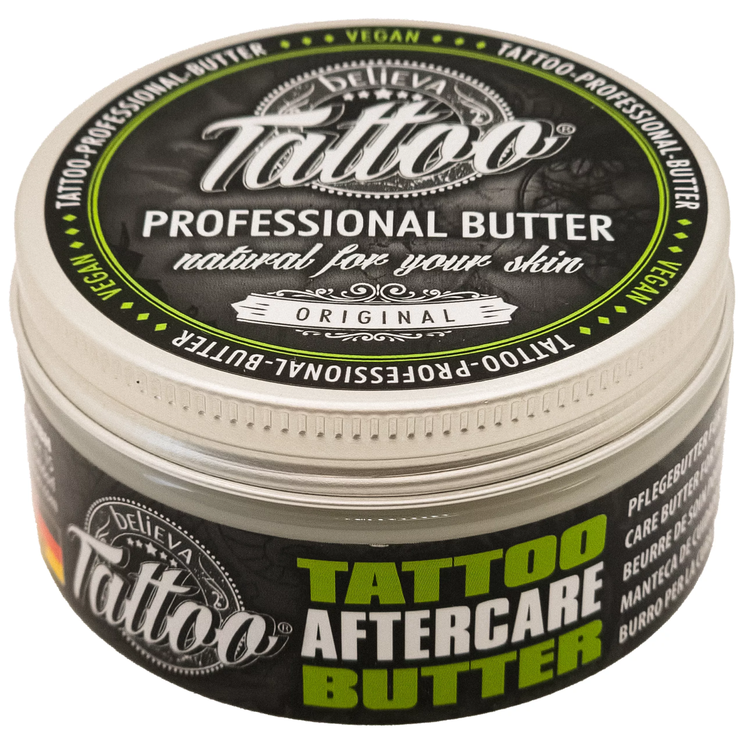 Vasetto rotondo di Believa Tattoo Butter, design verde-nero, 35 ml