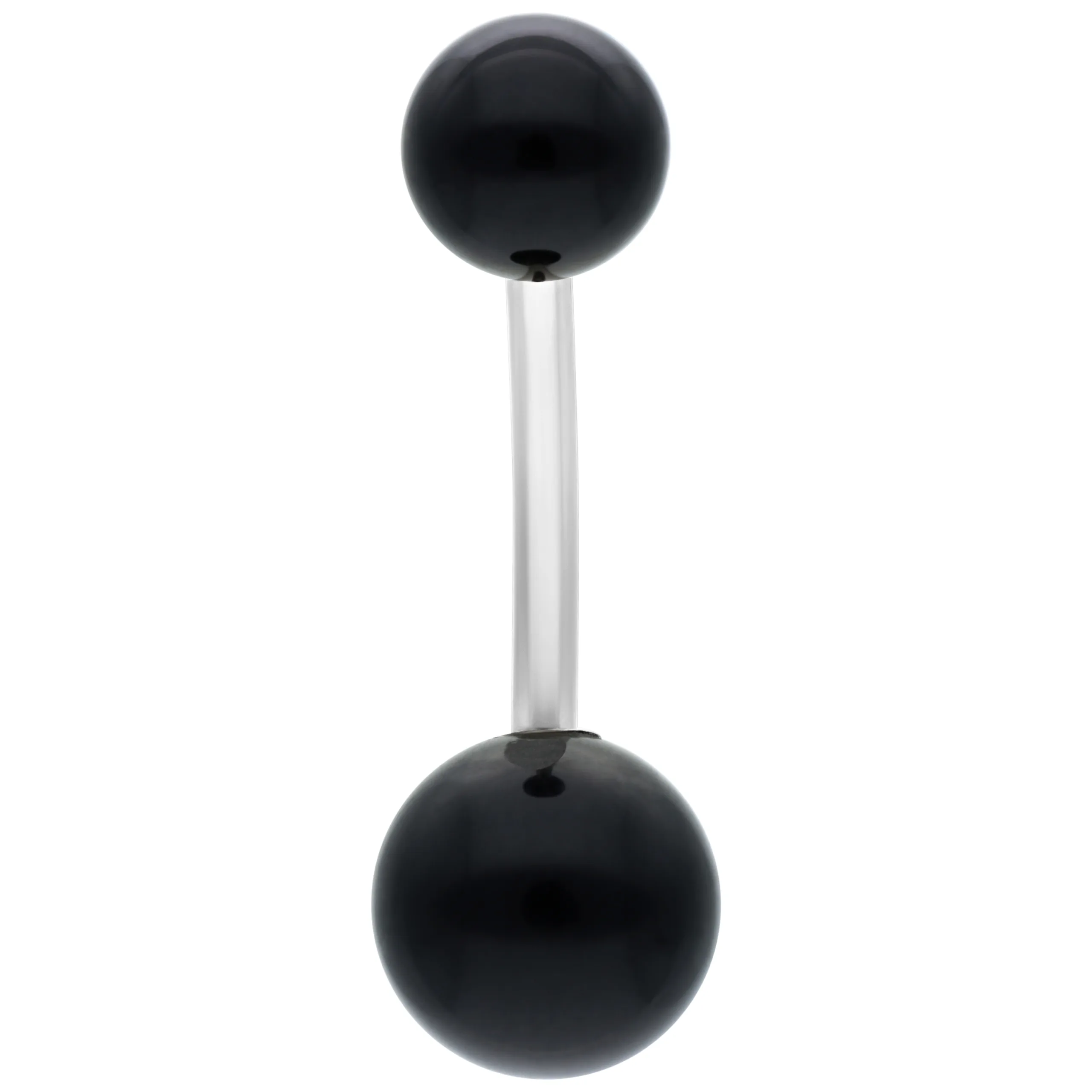 Piercing Banana Bell nero in titanio con due sfere su sfondo bianco