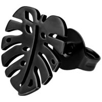 Orecchini Monstera neri in titanio su sfondo bianco