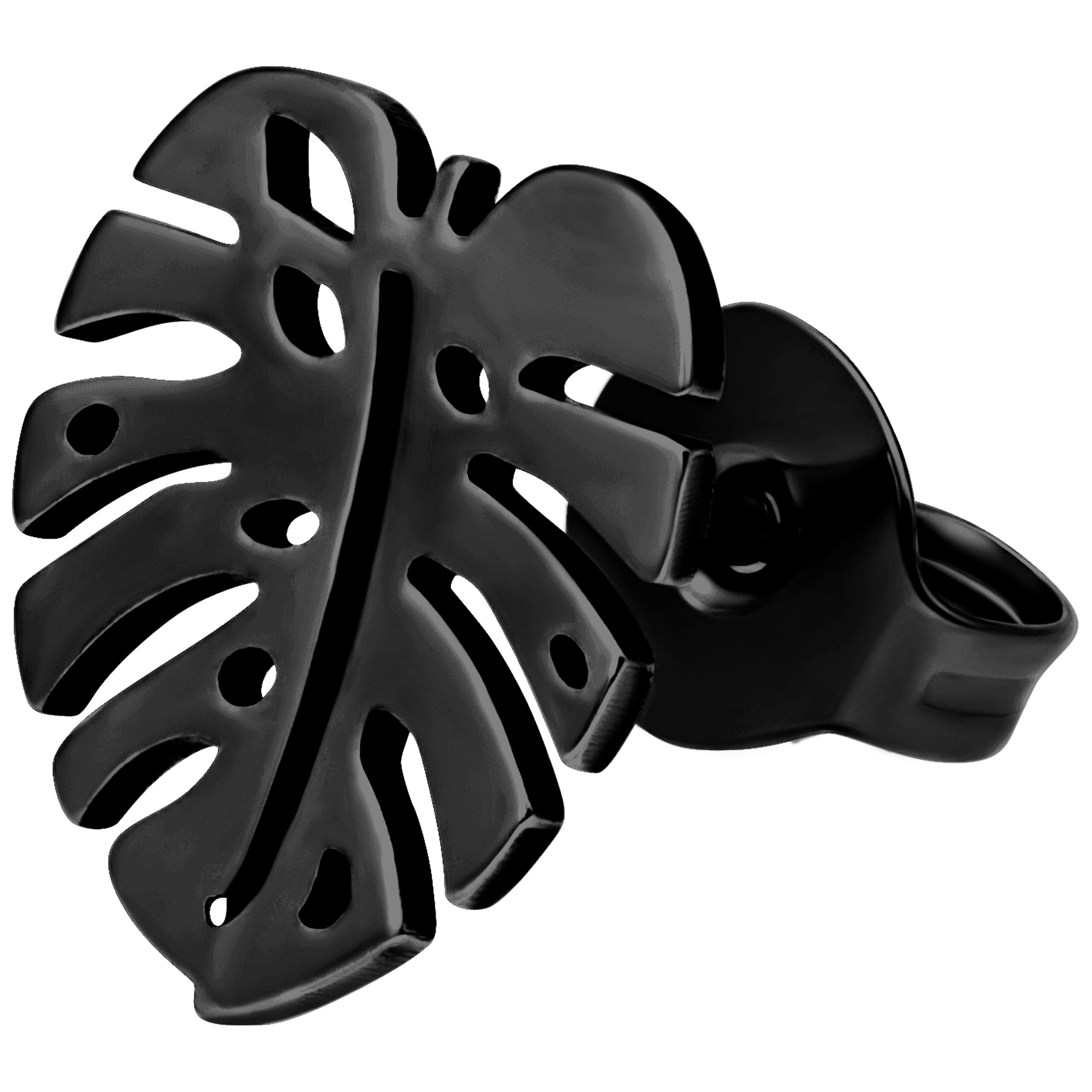 Orecchini Monstera neri in titanio su sfondo bianco