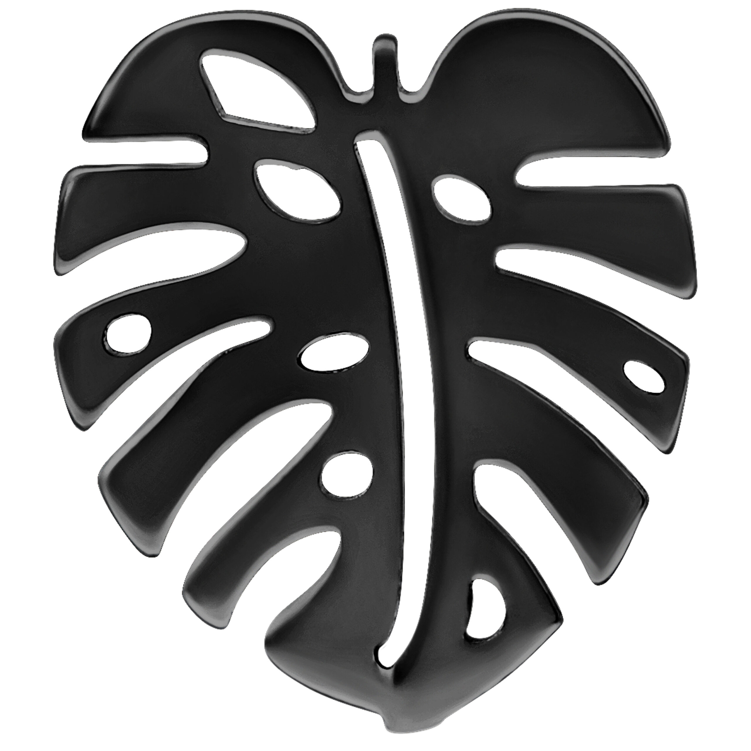 Orecchino Monstera nero in titanio su sfondo bianco