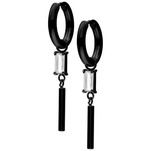 Orecchini neri con cristallo quadrato e pendente su sfondo bianco