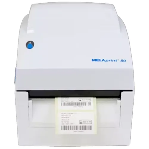 Stampante di etichette MELAprint 80 bianca con etichetta su sfondo bianco
