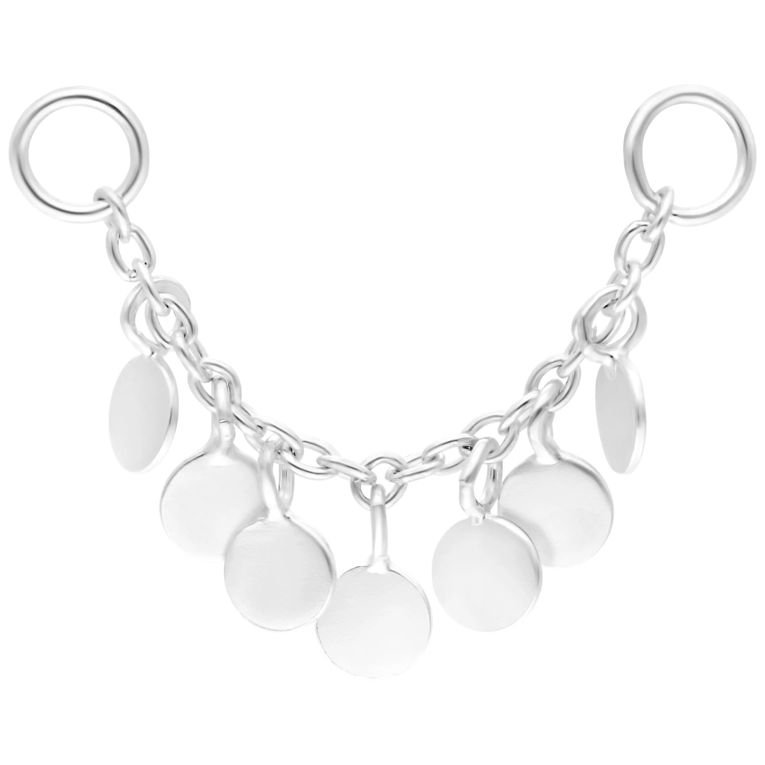 Catena piercing argento 20mm con placche rotonde su sfondo bianco