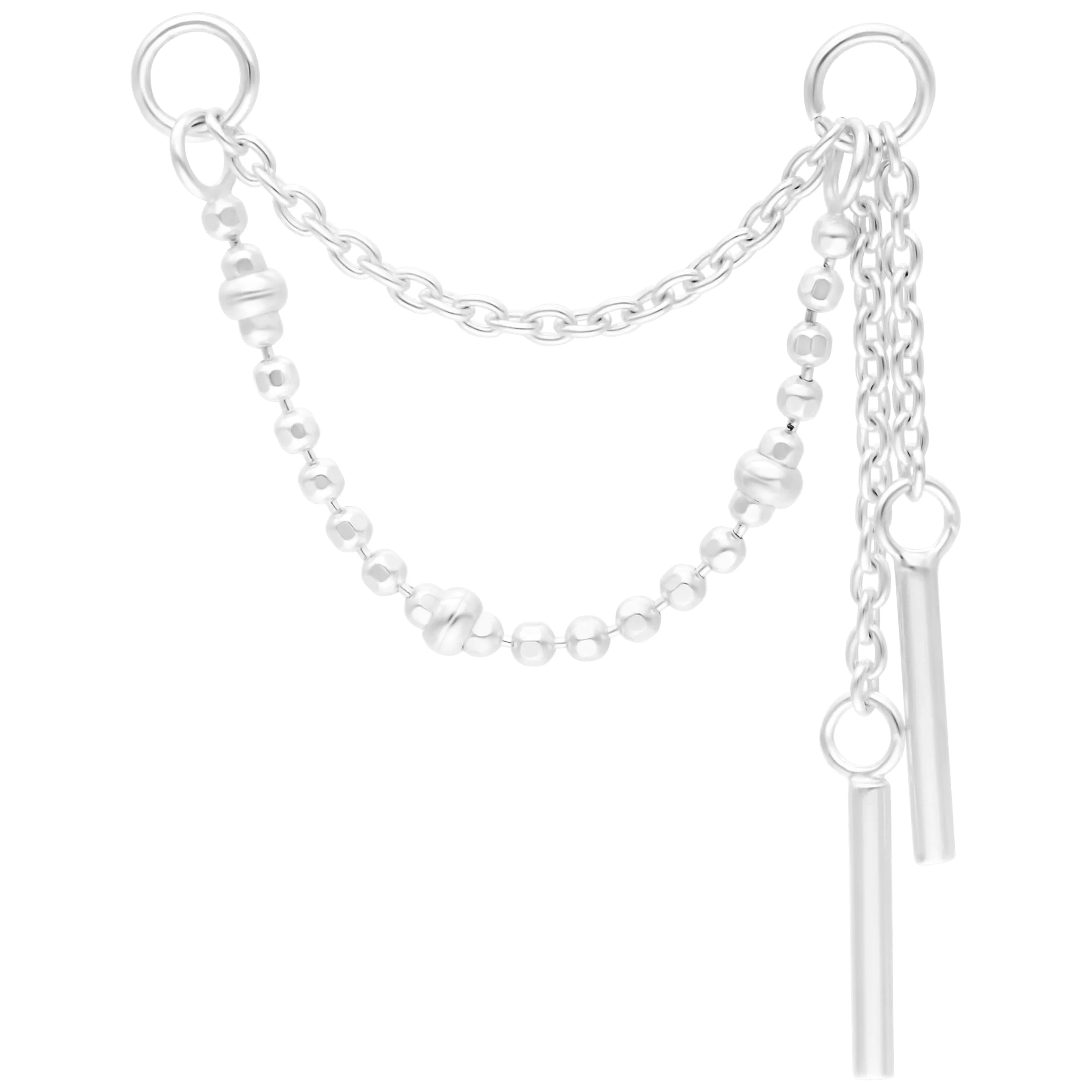Catena piercing argento, 20mm, con sfere e ciondoli su sfondo bianco
