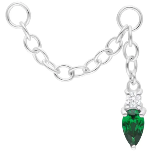Catena piercing argento con cristallo verde smeraldo, lunghezza 20 mm