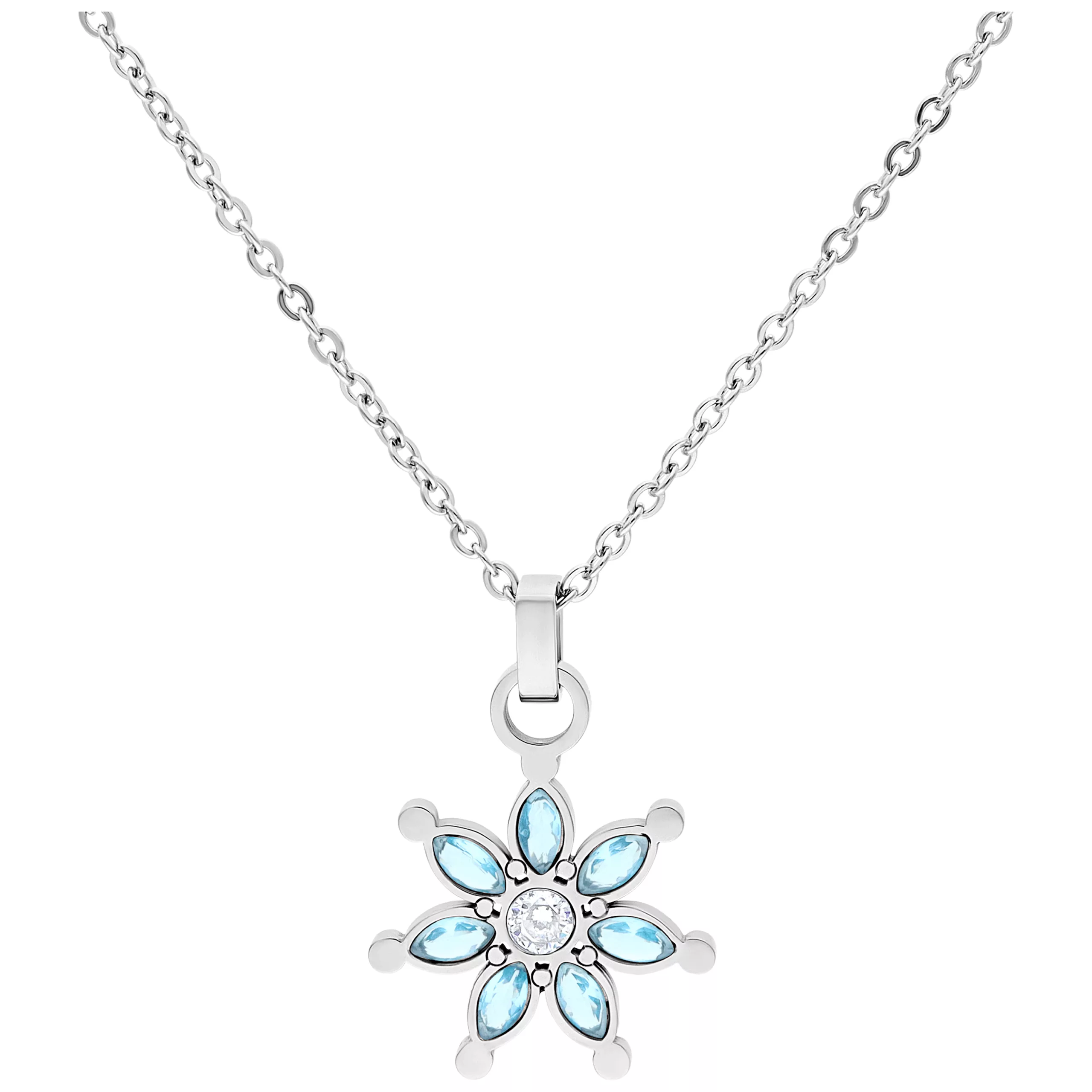 Collana d'argento con ciondolo a forma di fiore, pietre blu, sfondo bianco