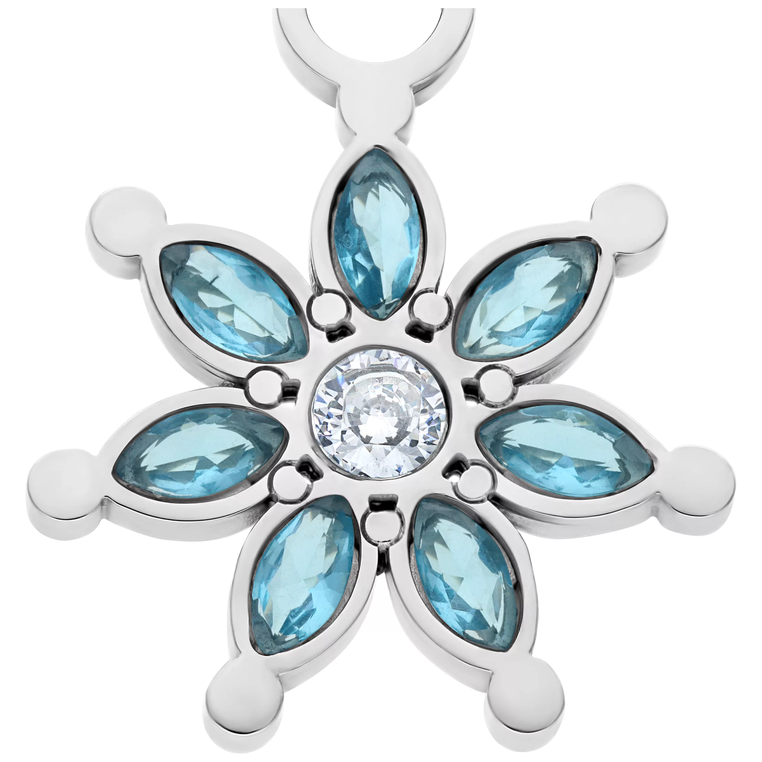 Collana argento con pietre blu e design floreale su sfondo bianco