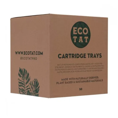 Scatola marrone con logo EcoTat verde e scritta 'Cartridge Holder 50 pcs'.