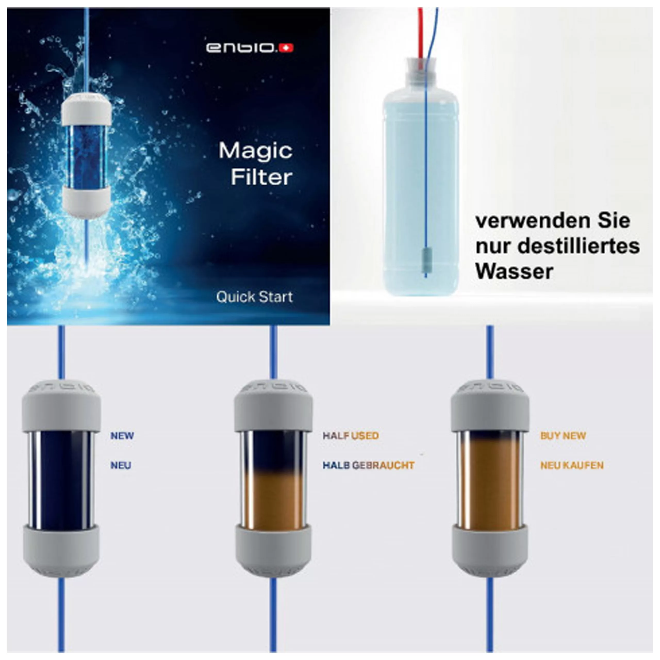 Enbio Magic Filter in acqua, stati del filtro mostrati, sfondo studio