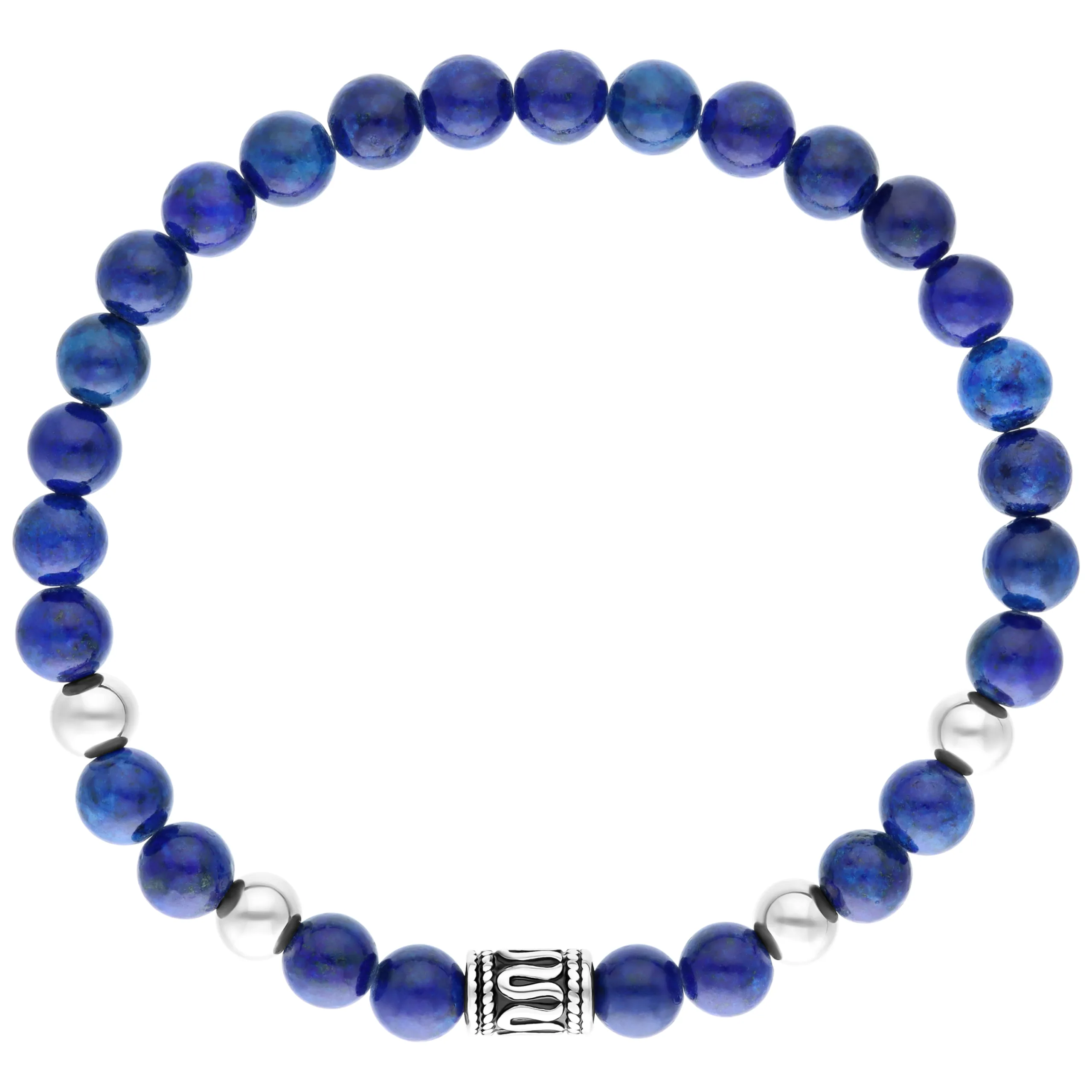 Bracciale rotondo di pietre blu e perline d'argento su sfondo bianco