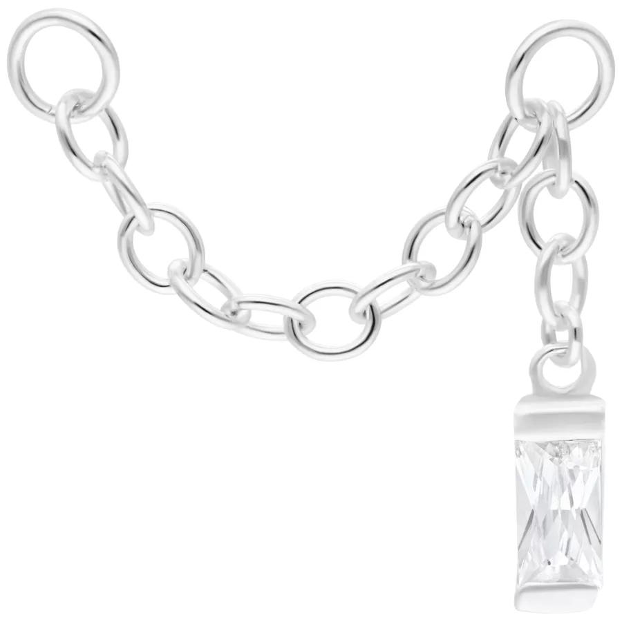 Catena piercing color argento con cristallo baguette pendente, lunghezza 20mm