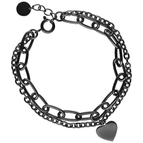 Bracciale a doppia maglia in metallo nero con ciondolo a cuore su sfondo bianco