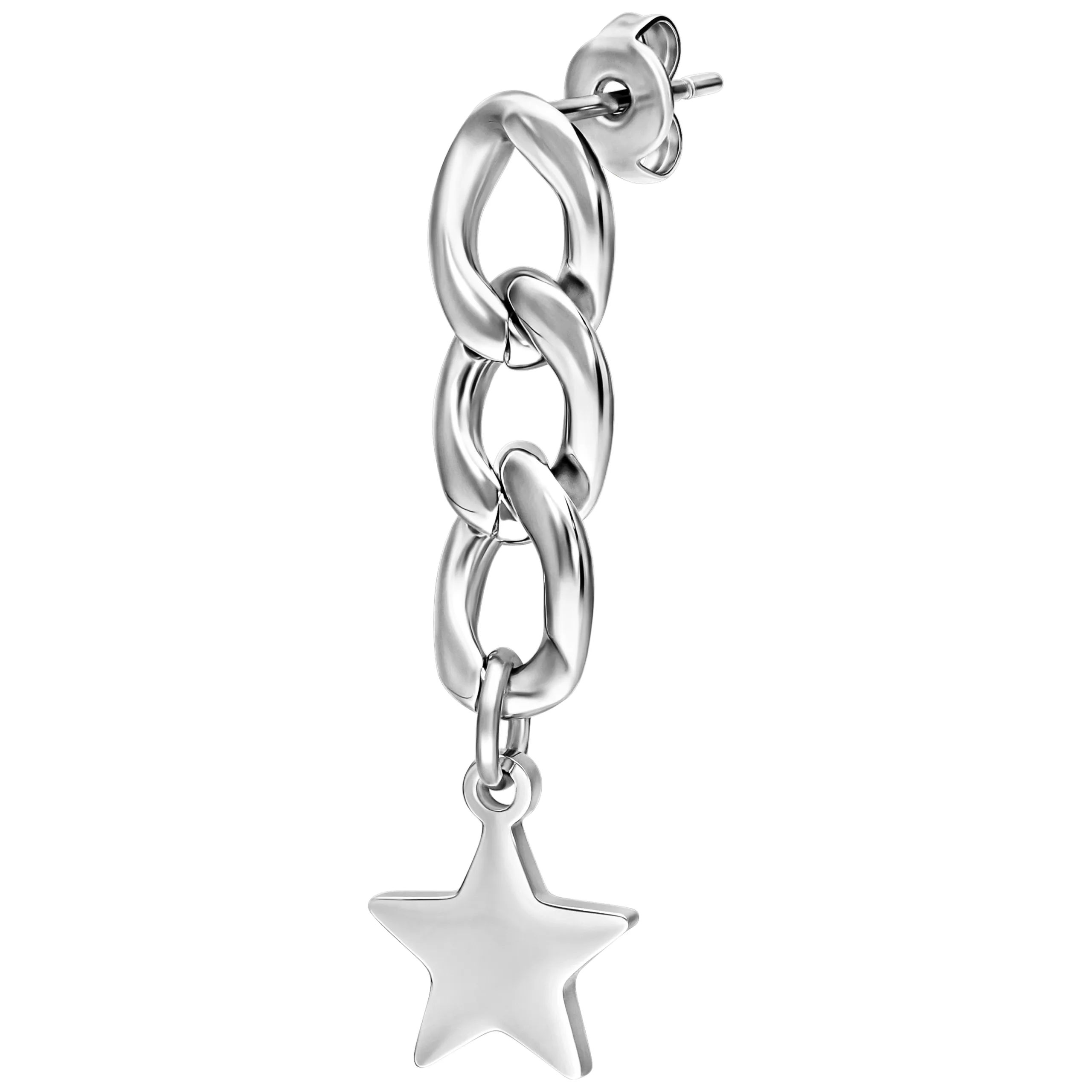 Orecchini in argento con pendente a catena e stella su sfondo bianco