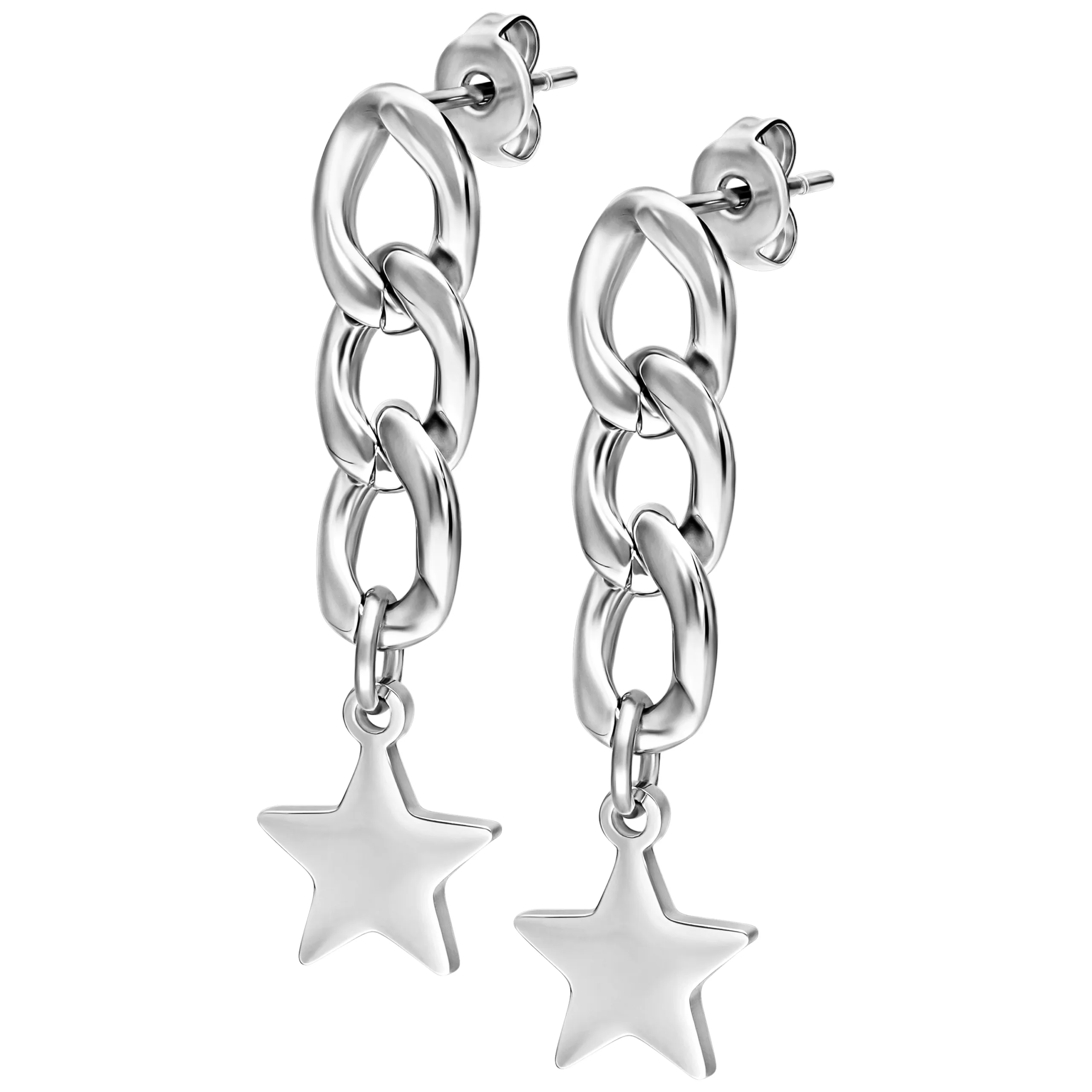 Orecchini d'argento con design a catena e ciondolo a stella su sfondo bianco