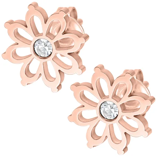 Coppia di orecchini in oro rosa a forma di fiore con cristallo chiaro su sfondo bianco