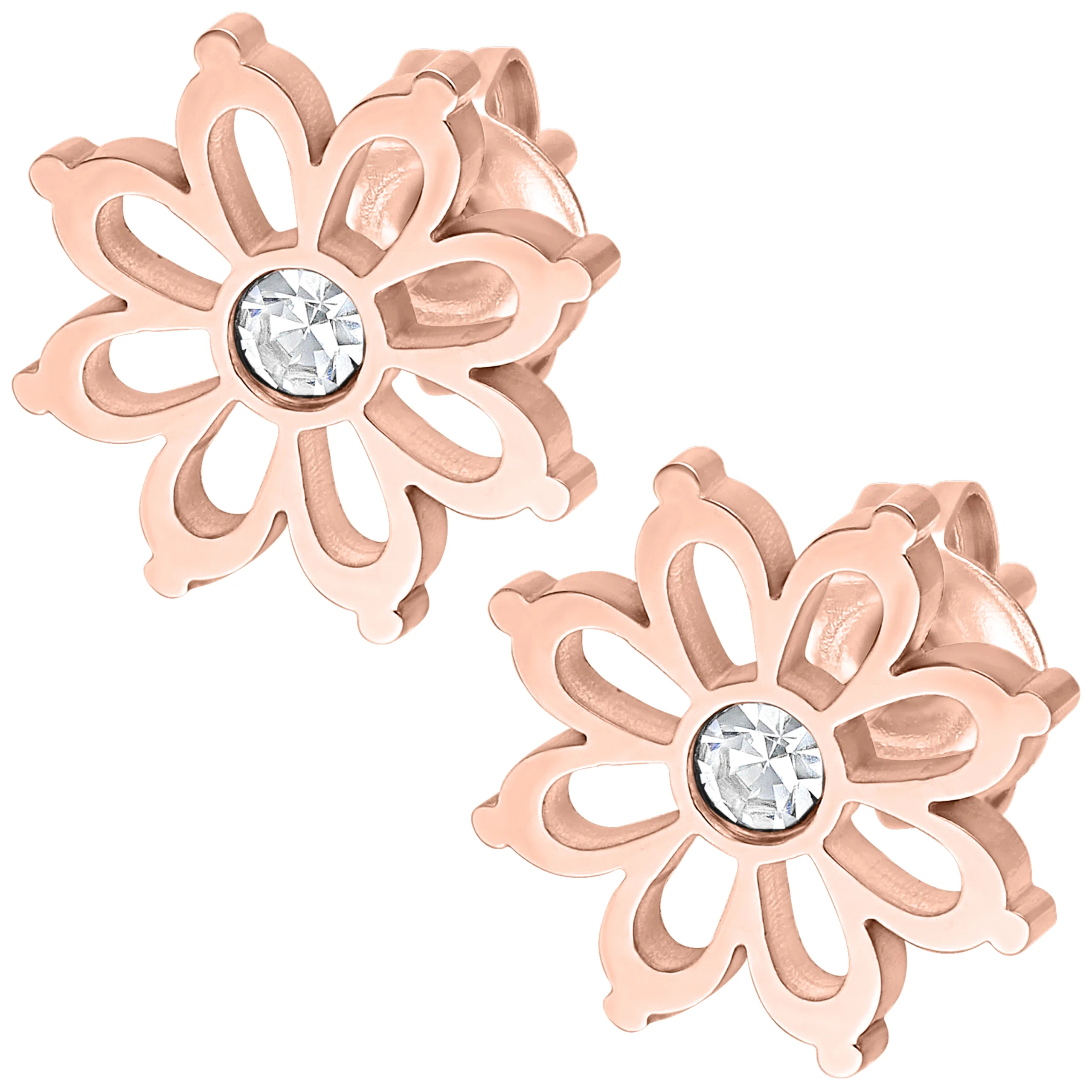 Coppia di orecchini in oro rosa a forma di fiore con cristallo chiaro su sfondo bianco