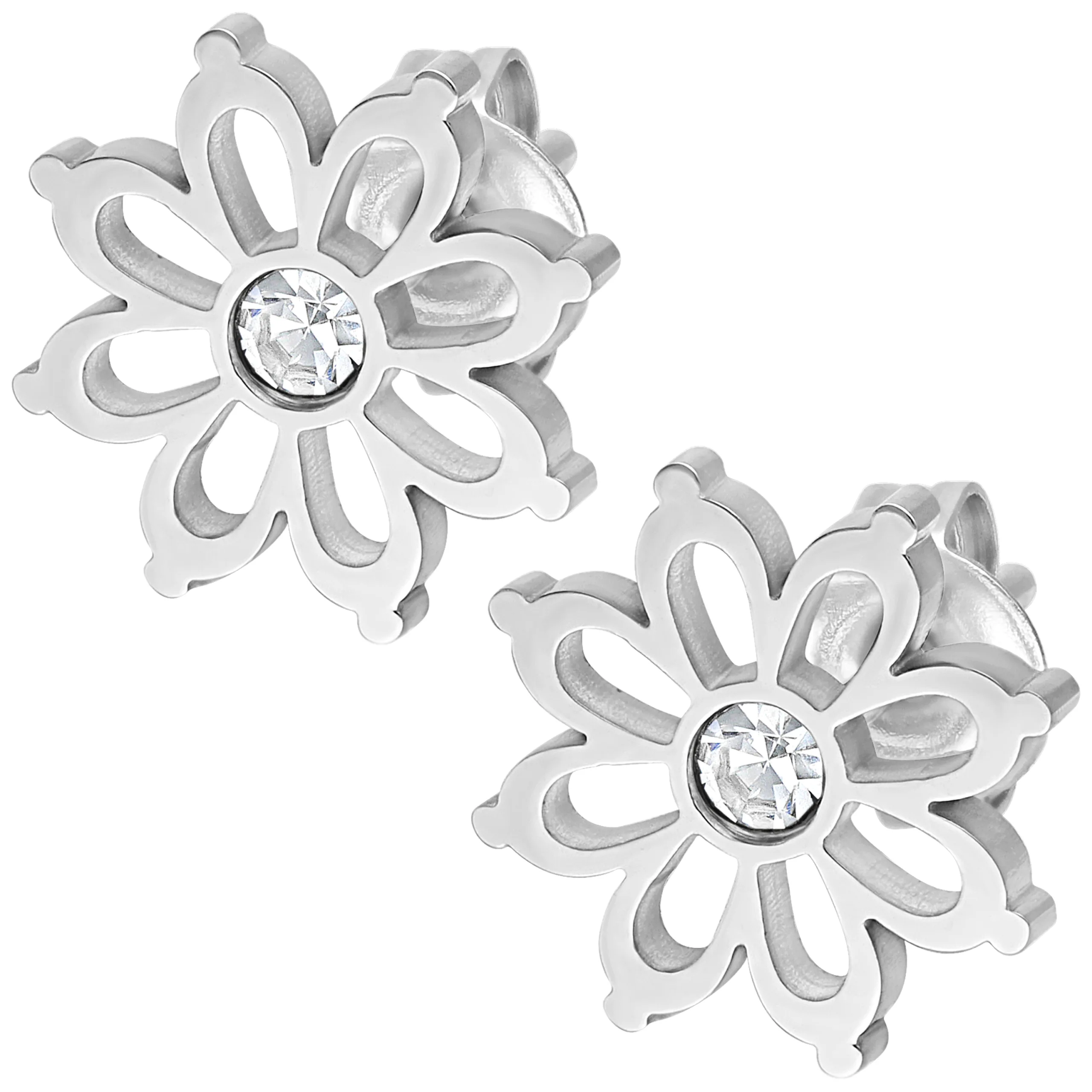 Due orecchini a fiore argento in acciaio chirurgico con cristallo chiaro su sfondo bianco