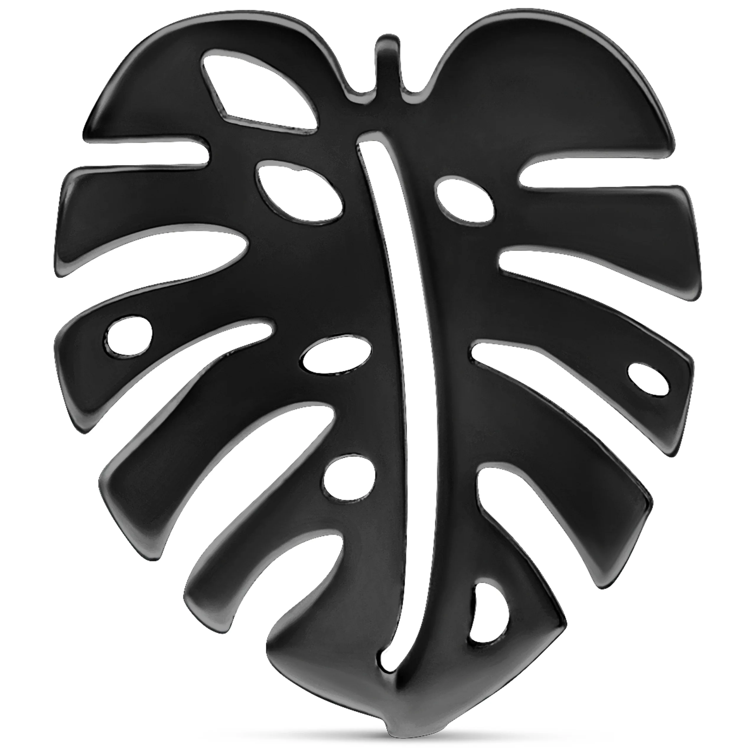 Orecchini Monstera neri in acciaio chirurgico lucido su sfondo bianco