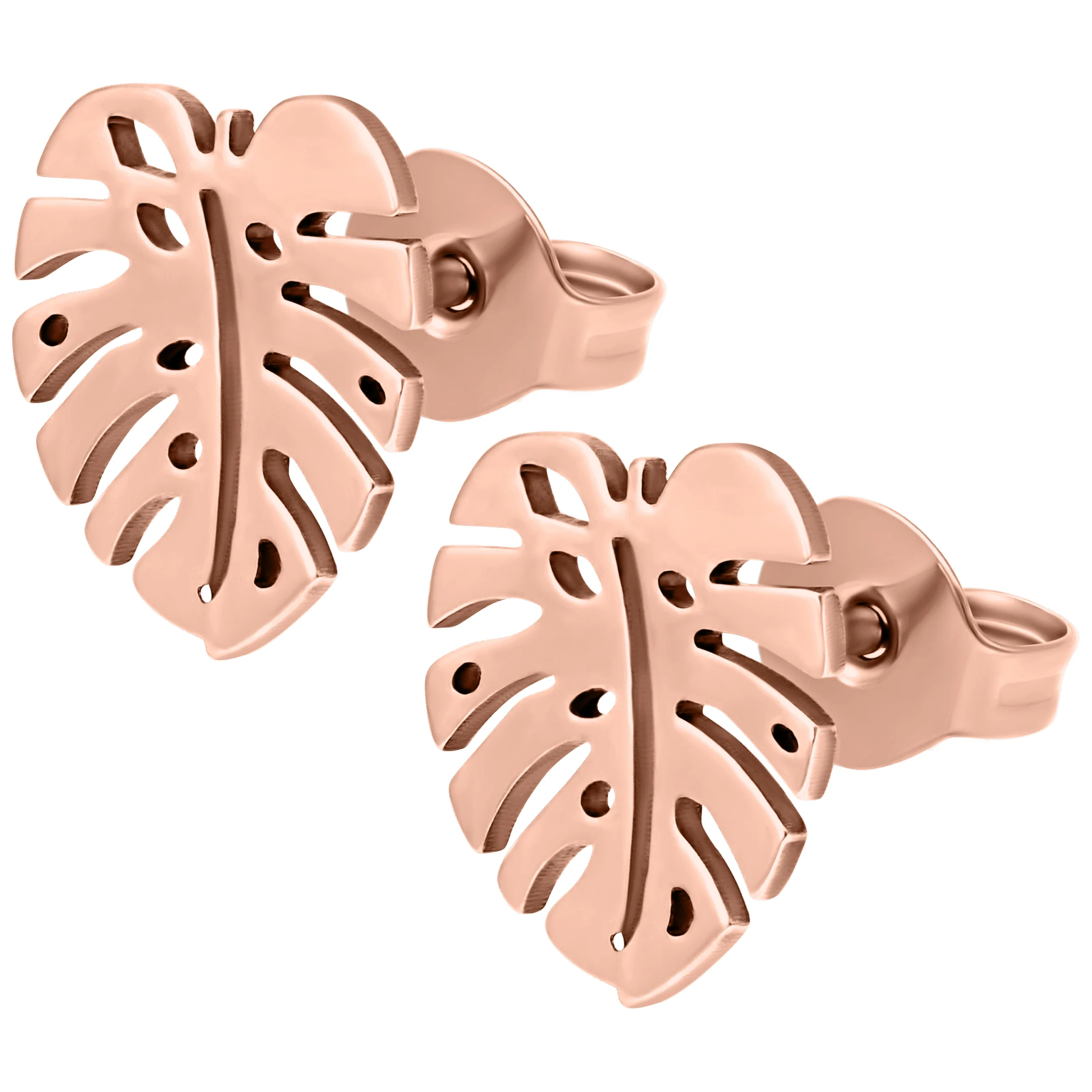 Due orecchini Monstera lucidati a specchio in oro rosa su sfondo bianco