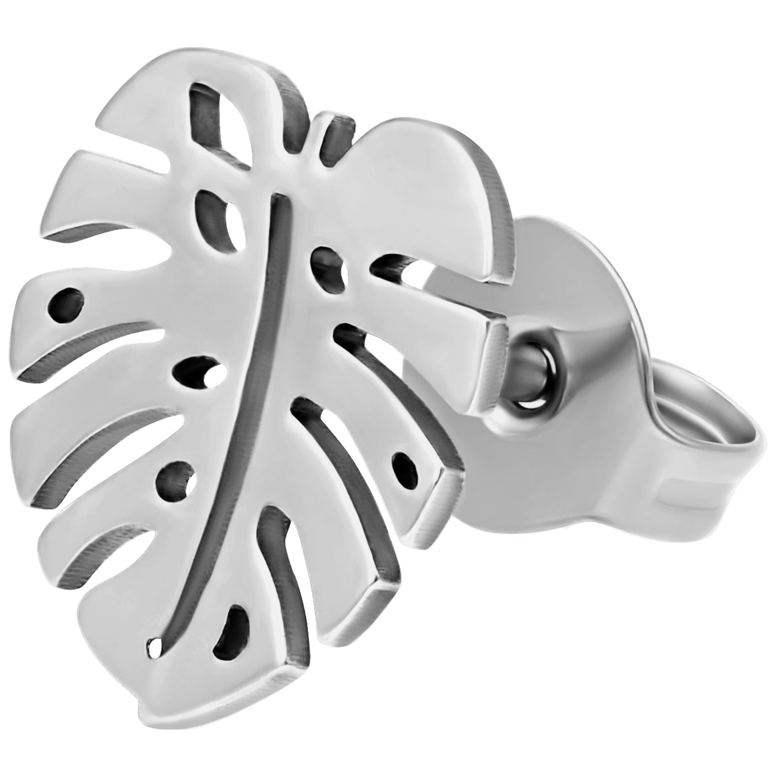 Orecchini Monstera color argento in acciaio chirurgico su sfondo bianco