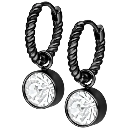 Orecchini neri intrecciati con cristalli chiari su sfondo bianco