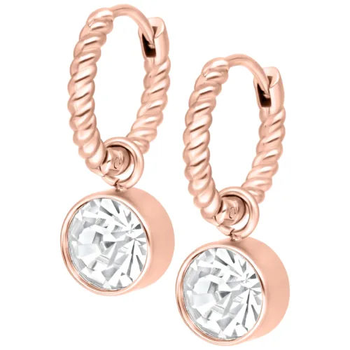 Orecchini in oro rosa con design intrecciato e cristallo chiaro, su sfondo bianco