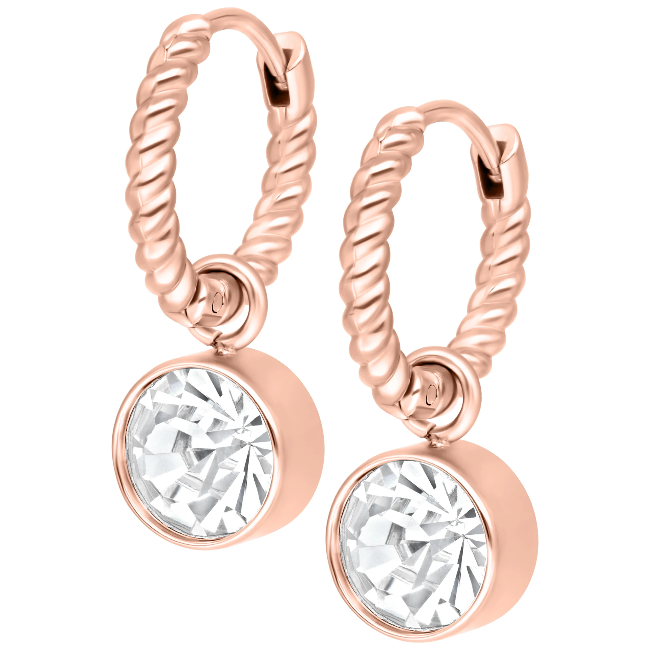 Orecchini in oro rosa con design intrecciato e cristallo chiaro, su sfondo bianco