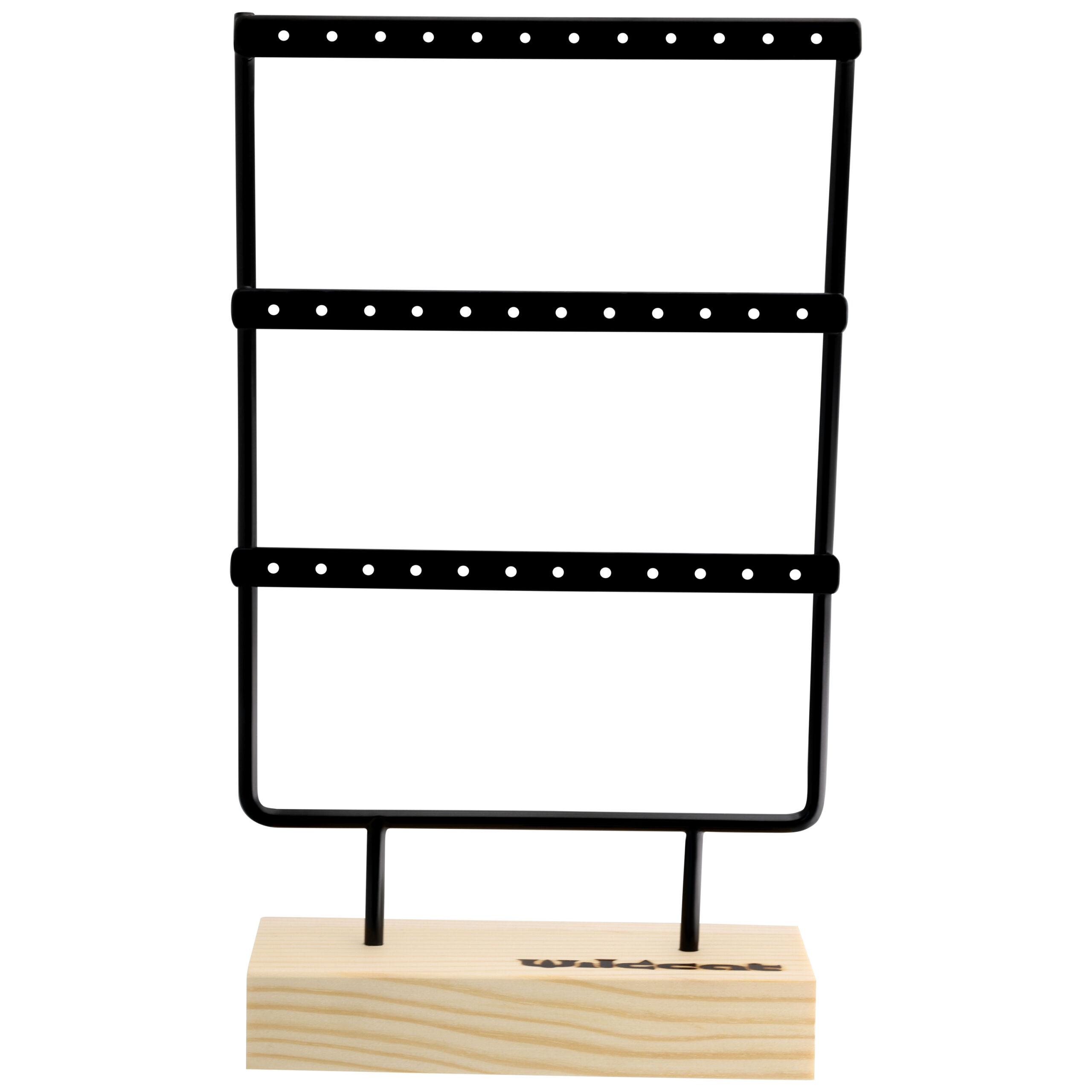 Display nero per Little Hoops Display in metallo nero su base in legno chiaro con tre file