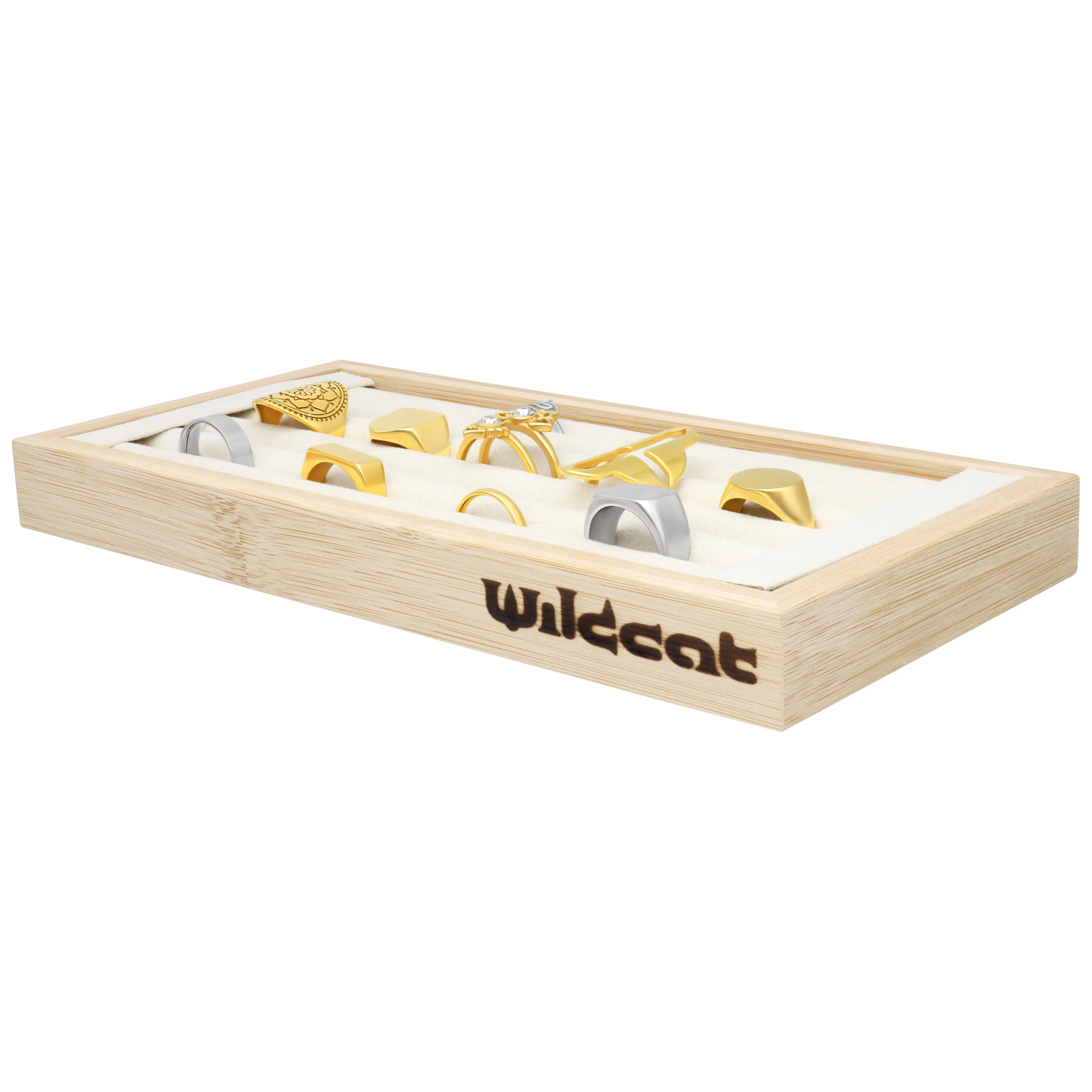 Espositore per Anelli Nero di Wildcat Cornice in legno con vari anelli su sfondo bianco in esposizione