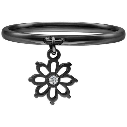 Anello in metallo nero con ciondolo a fiore e cristallo su sfondo bianco