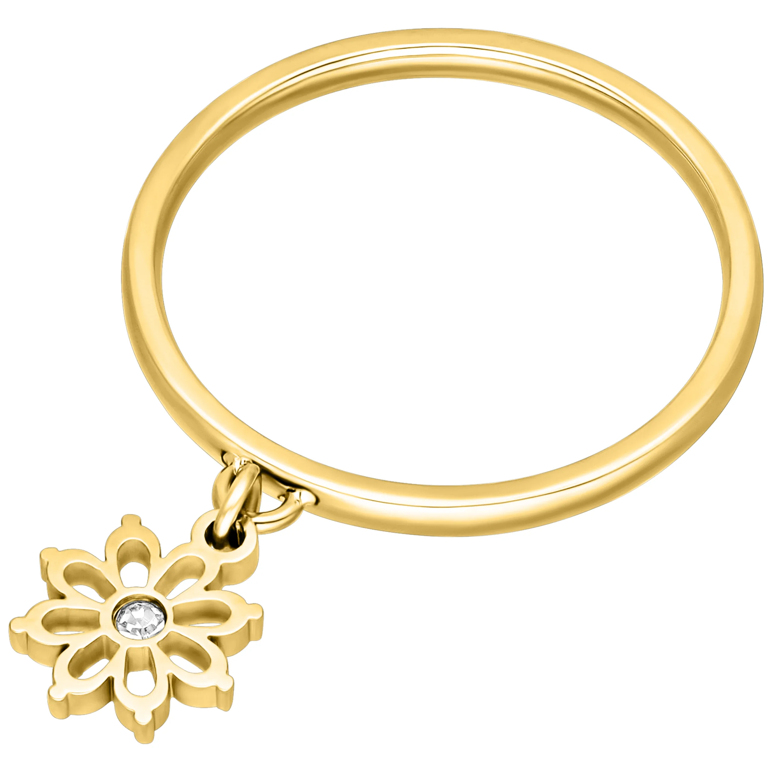 Anello d'oro con ciondolo a forma di fiore e pietra chiara