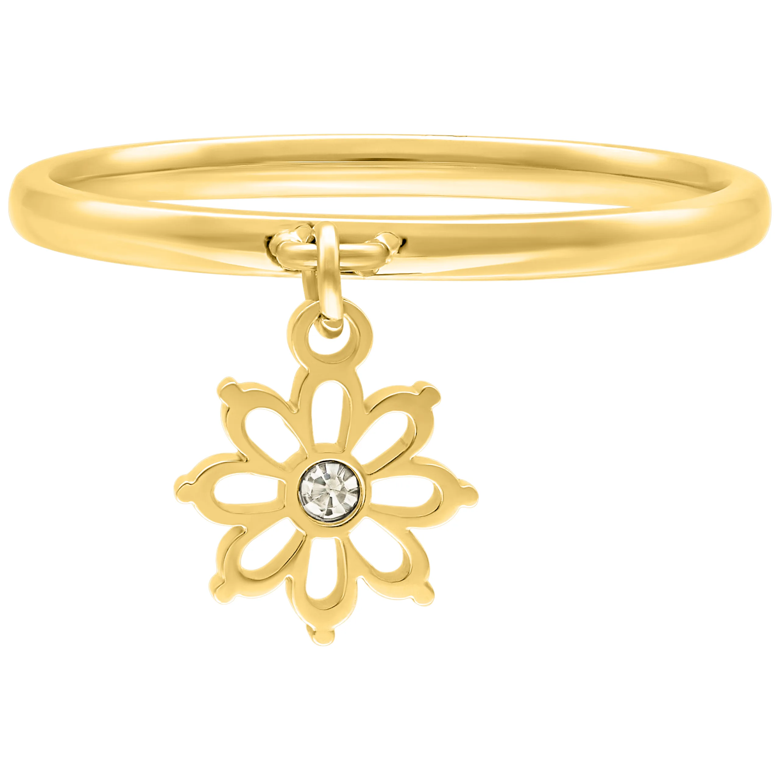 Anello dorato in acciaio chirurgico con ciondolo a forma di fiore su sfondo bianco